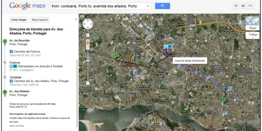 Figura 10: Resultado de uma pesquisa de trajetos usando o Google Maps Transit 