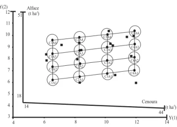 Figura 2. Eficiência produtiva de sistemas consorciados em função da combinação de densidade populacional de cenoura e de alface.