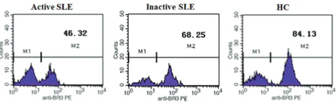 Figure 3. Representative plots of mean ﬂ uorescence intensity (MFI) of BAFF receptor 3 (BR3) on CD19 + B cells in the three groups.