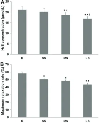 Figure 1. Serum H 2 S concentration (A) and maximum relaxation rate to NaHS of thoracic aorta (B) in control (C), short-term smoking (SS), middle-term smoking (MS) and long – term smoking (LS) groups