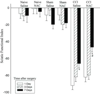 Figure 2. Functional recovery assessed by the Sciatic Functional Index (SFI) in rats with chronic constriction injury (CCI) of the sciatic nerve that received 2, 4, or 8 intraperitoneal injections of saline or N-acetylcysteine (NAC; 150 mg  kg – 1  day – 1