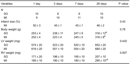 Table 1. Morphological data of rats studied at different times after myocardial infarction (MI) or sham- sham-operation (SO).