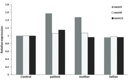 Figure 2. Relative expression of exon3, exon9 and exon11 of GSS gene in the patient and his parents