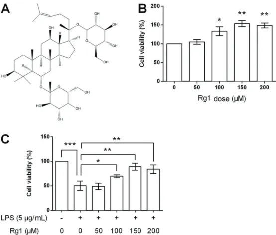 Figure 1. A, Structural formula of ginsenoside Rg1. B, Viability of HK-2 cells treated with ginsenoside Rg1 (0, 50, 100, 150, and 200 mM) or pretreated with 5 mg/mL lipopolysaccharide (LPS) (C)