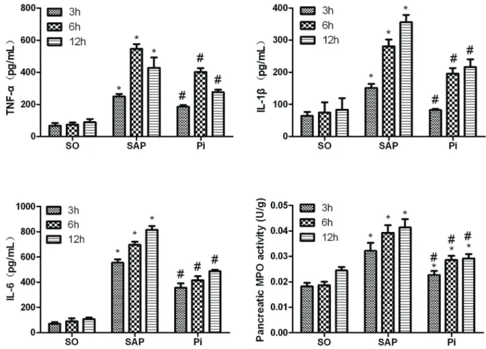 Figure 4. Expression of serum in ﬂ ammatory cytokines, tumor necrosis factor (TNF)-a, interleukin (IL)-1b, and IL-6, was analyzed by ELISA, and pancreatic tissue myeloperoxidase (MPO) activity was detected in each group at all time points