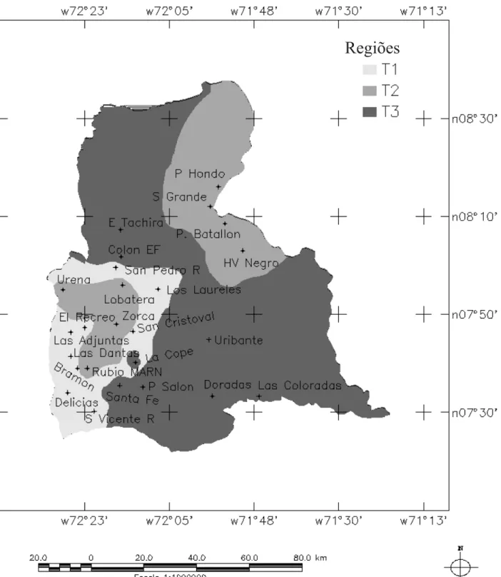 Figura 3. Distribuição espacial das regiões homogêneas para o período de transição (T), pelo método de agrupamento de Ward, baseado na precipitação pluvial mensal das estações climatológicas do Estado de Táchira, Venezuela.