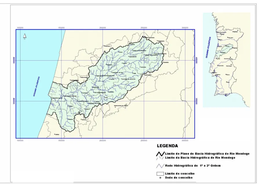 Figura 1.1 – Enquadramento geográfico da bacia hidrográfica do rio Mondego (adaptado de DRAOT-CENTRO, 2001b)