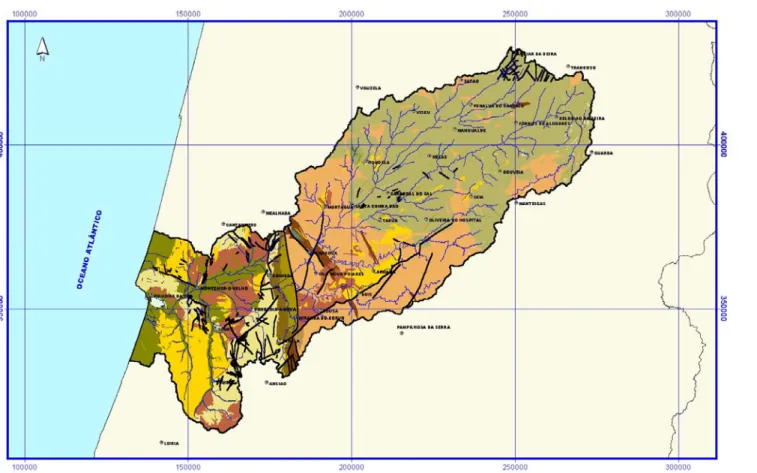 Figura 1.2 – Carta geológica da bacia hidrográfica do rio Mondego (adaptada de DRAOT-CENTRO, 2001b)