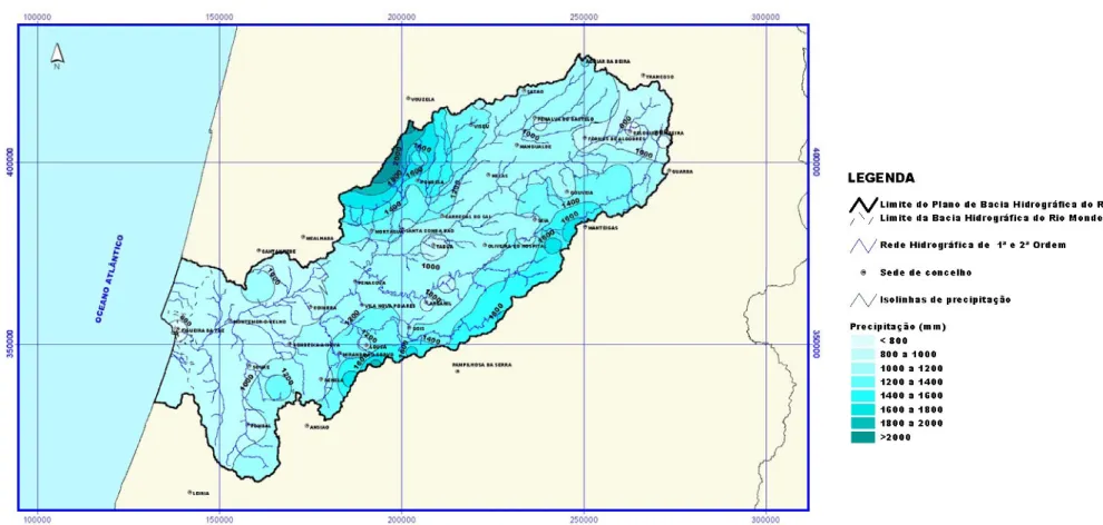 Figura 1.3 – Mapa de distribuição dos valores de precipitação na bacia hidrográfica do rio Mondego (adaptada de DRAOT-CENTRO  2001b)