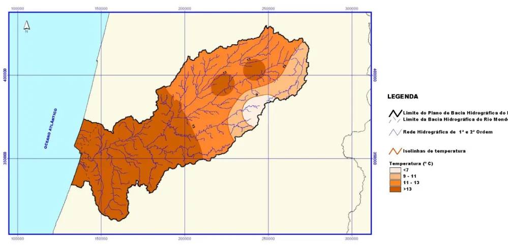 Figura 1.4 – Mapa de distribuição dos valores de temperatura na bacia hidrográfica do rio Mondego (adaptada de DRAOT-CENTRO  2001b)