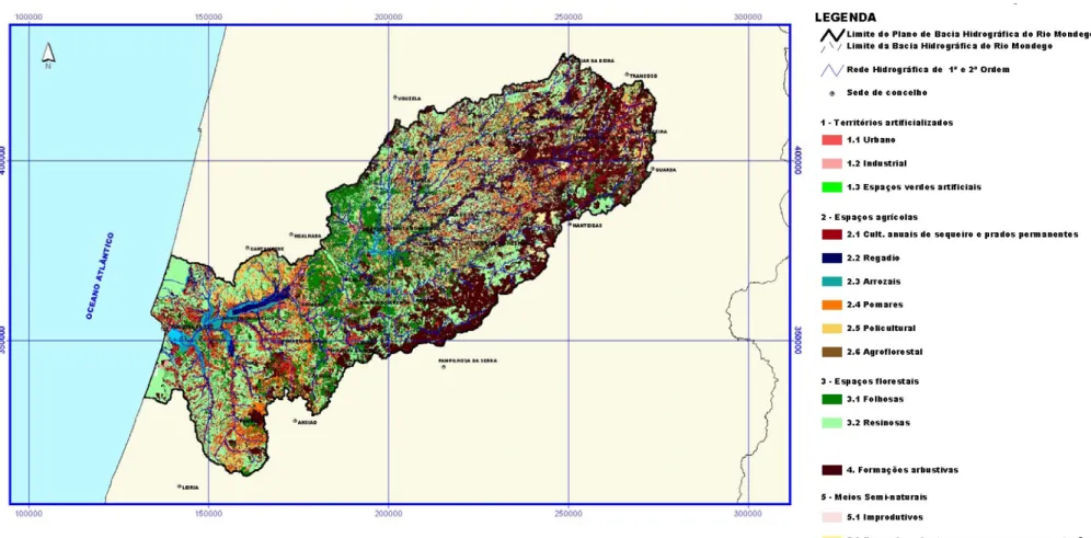 Figura 1.6 – Mapa de ocupação dos solos na bacia hidrográfica do rio Mondego (adaptada de DRAOT-CENTRO 2001b).