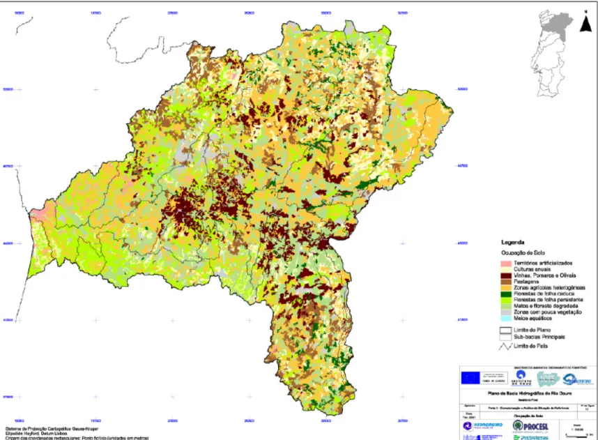 Figura 1.11 – Mapa de ocupação dos solos na bacia hidrográfica do rio Douro (DRAOT-NORTE, 2001b).