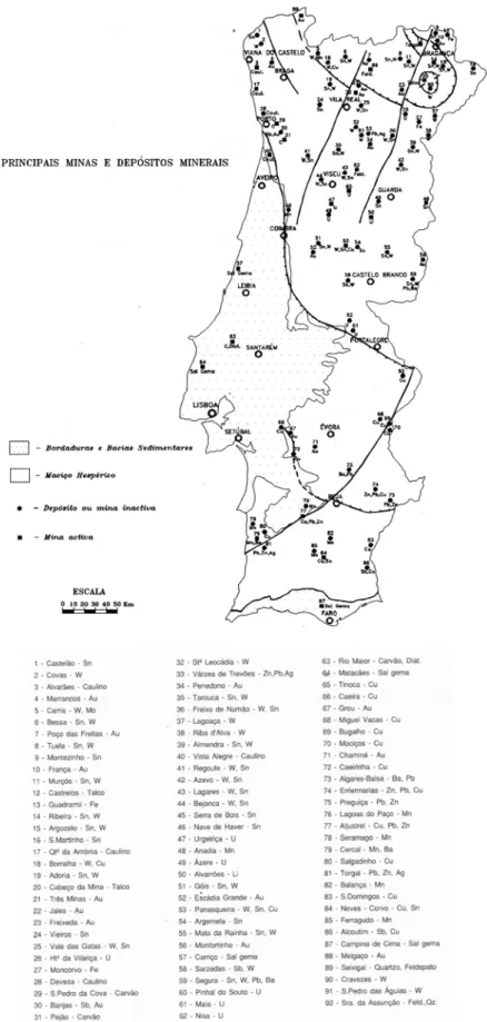 Figura 1.13 – Principais minas e depósitos minerais de Portugal Continental,  (LOURENÇO et al., 1992)