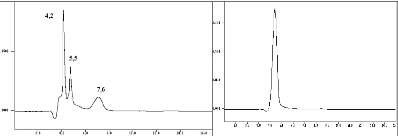 Figura 36: Cromatogramas da amostra tratada com ácido clorídrico no tratamento com micro-ondas (a) com  detector de índice de refração e (b) com detector de ultravioleta