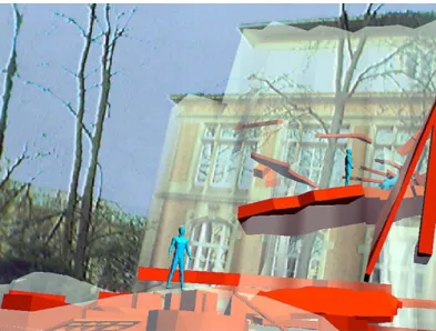 Figura 2.13: Sobreposição da realidade com objetos virtuais em simulação de desastre de terramoto [Leebmann 2004]