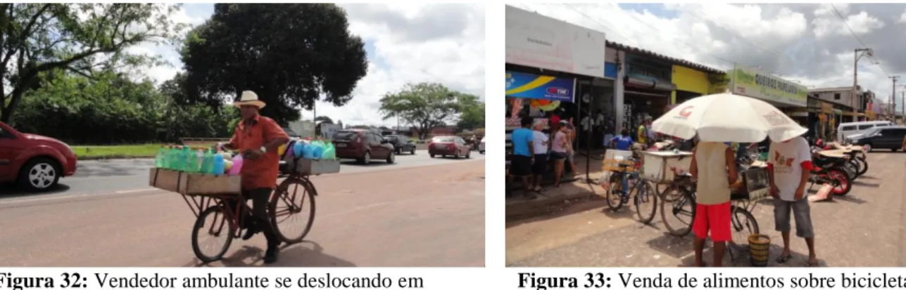 Figura 32: Vendedor ambulante se deslocando em  Figura 33: Venda de alimentos sobre bicicleta,  serviço, Marituba/Brasil, 2012