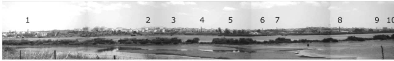 Figura 3 – Vista panorâmica da margem esquerda da foz do Arade. A cada número corresponde  uma chaminé associada à indústria conserveira visível da margem direita do rio Arade