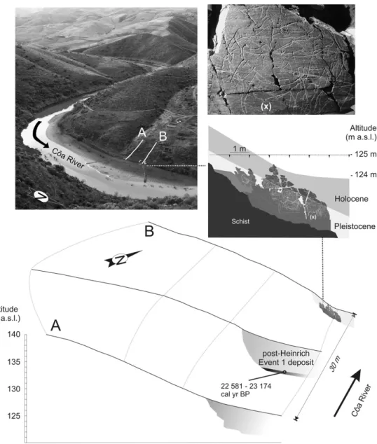 Fig. 7. Fariseu 3D slope proﬁle reconstitution of the sedimentary ﬁlling prior to the Heinrich event 1, based on the section observed during the 1999, 2005 and 2007 excavations, showing the potential area of preservation of buried rock art () and the topog