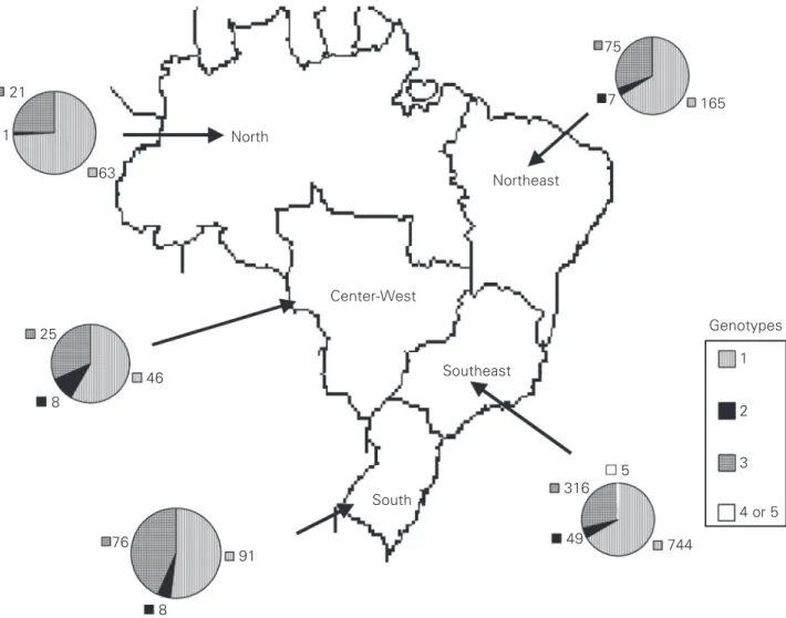 Figure 2. Distribution of hepatitis C virus genotypes in the different Brazilian regions