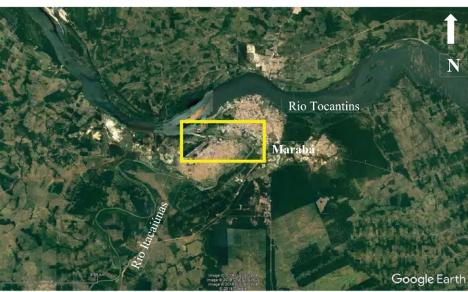 Figura 1. Área de estudo (retângulo amarelo) com indicação do Rio Itacaiúnas, afluente da margem esquerda do  Rio Tocantins