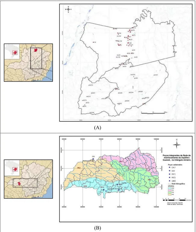 FIGURA 3.9 – Rede de monitoramento existente em Minas Gerais: (A) Jaíba, Verdelândia e  Varzelândia (Norte de Minas); (B) Triângulo Mineiro 