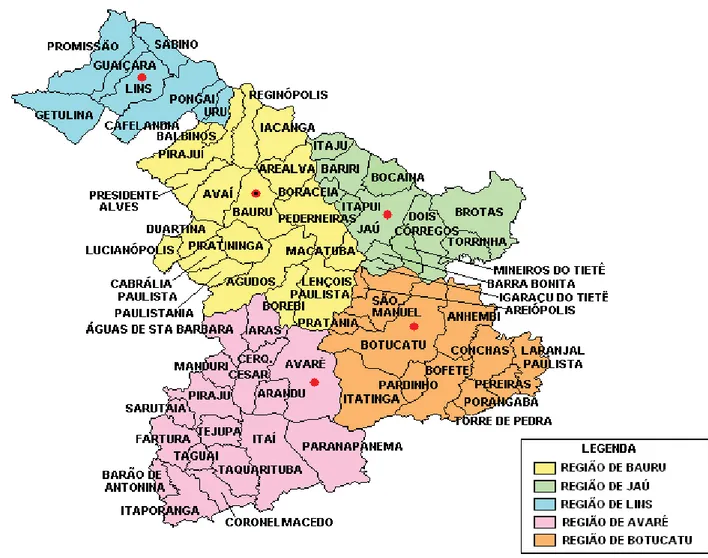 Figura 1 - Mapa dos municípios pertencentes ao Departamento Regional de Saúde  VI – Bauru, segundo Colegiado de Gestão Regional