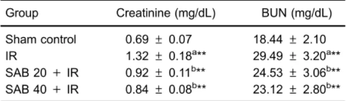 Figure 1 depicts the effect of SAB on renal MPO lev- lev-els in experimental rats. The rats in the IR group had increased (P o 0.01) levels of MPO compared to sham control rats