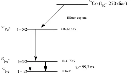 FIGURA 2.6 - Representação esquemática da emissão de radiação gama pelo decaimento do  57 Co  para  57 Fe