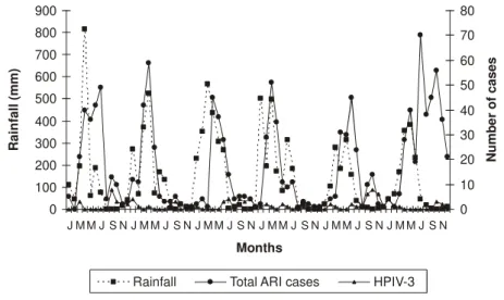 Figure 2. Monthly distribution of total of cases of acute respiratory infections, infections by HPIV-3 and rainfall, from January 2001 to December 2006.