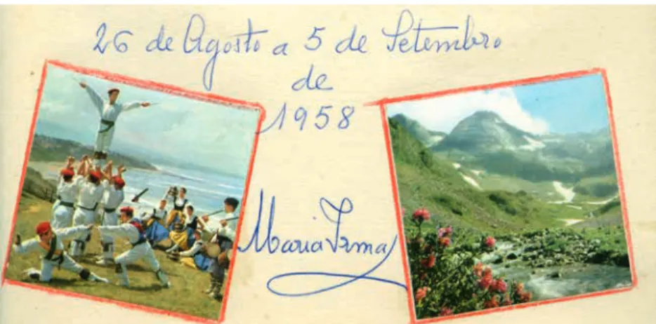 Figura 7: rodapé, imagem de dançarinos bascos, à esquerda, e uma paisagem  dos Pirenéus, à direita