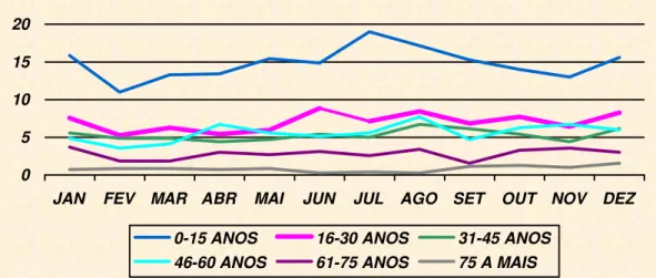 Gráfico 4 - Média mensal de agravos, distribuídos de acordo com a faixa etária do agredido, durante o  período de 1º de janeiro de 2000 a 31 de dezembro de 2006 em Jaboticabal, SP, Brasil