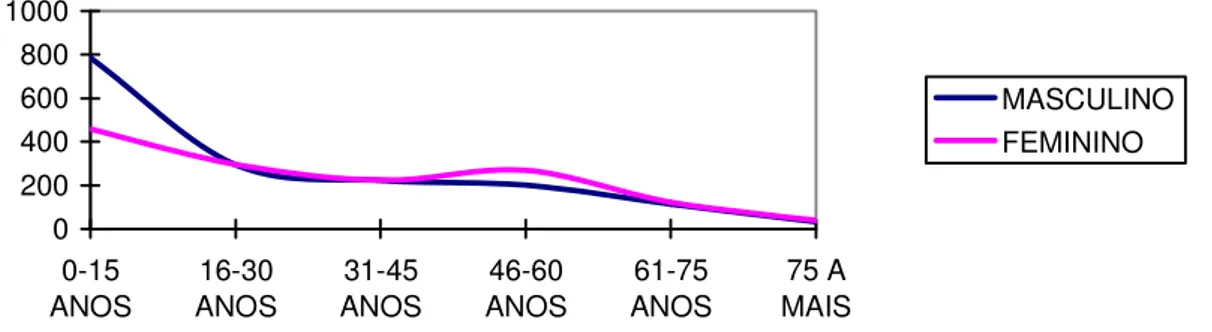 Gráfico 5 - Total de agravos relacionado ao sexo e faixa etária dos indivíduos envolvidos nos agravos  por animais, durante o período de 1º de janeiro de 2000 a 31 de dezembro de 2006 em  Jaboticabal, SP, Brasil