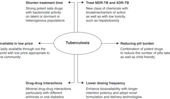 Fig. 1 – A schematic representation for new tuberculosis (TB) drugs. The desired profile of each product is enlightened by the biological characteristics preferred to achieve the respective features.