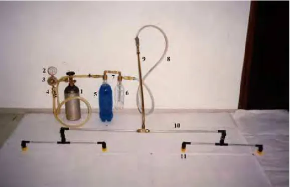 Figura 1.Pulverizador Logarítmico: 1. Botijão de CO 2; 2. Manômetro; 3 Válvula reguladora   de pressão; 4