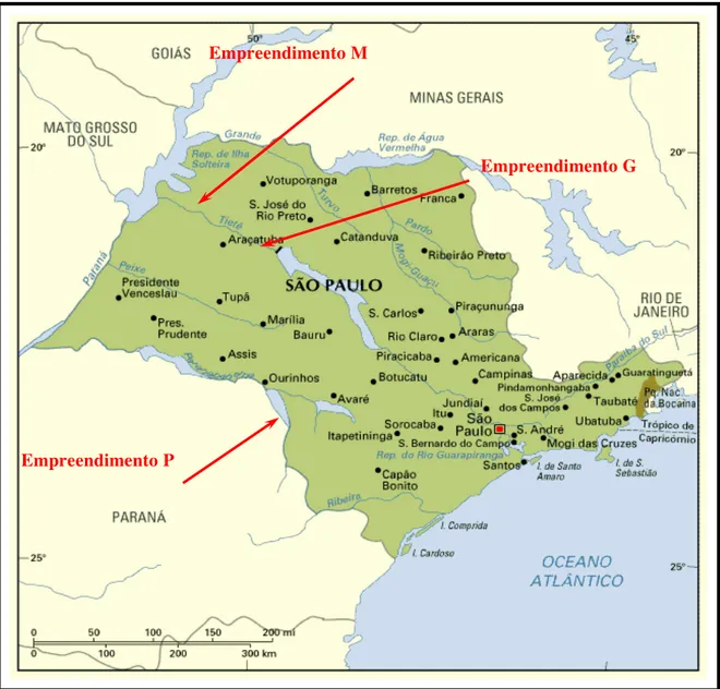 Figura 1.  Mapa político do estado de São Paulo, indicando a localização dos                       empreendimentos onde foram coletados os dados utilizados neste trabalho