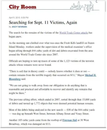 Figure 1.1. Textual content example – a news article about victims of the September 11 terrorist attacks in New York City that fails to mention the city’s name