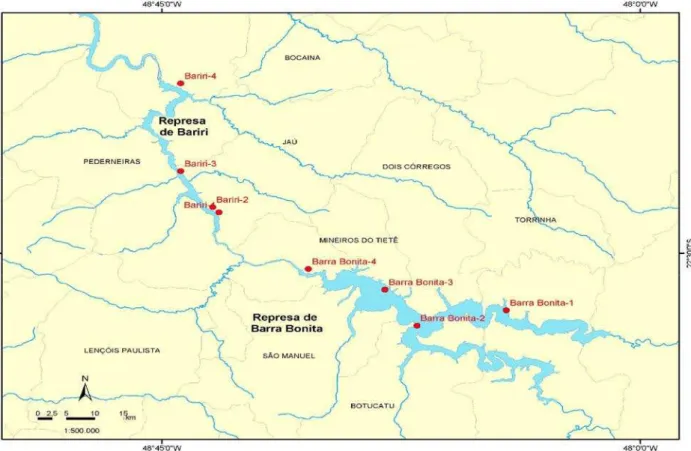Figura 2. Mapa localizando os pontos onde os sedimentos foram amostrados nas represa de  Barra Bonita e Bariri (no presente trabalho foram coletado sedimentos do ponto 2 de Bariri e  pontos 3 e 4 de Barra Bonita) (MARCONDES, 2004) 