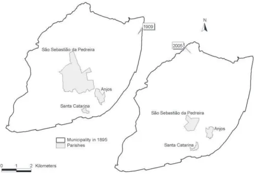 Figure 1. Parishes of Anjos, S. Catarina and S. Sebastião, in 1909 and 2005.