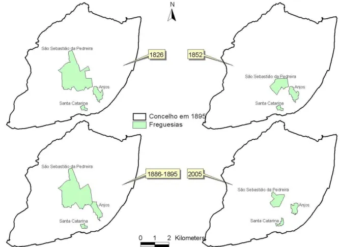 Figura 2. Alterações nos limites das freguesias de Anjos, S. Catarina e S. Sebastião entre 1826 e 2005