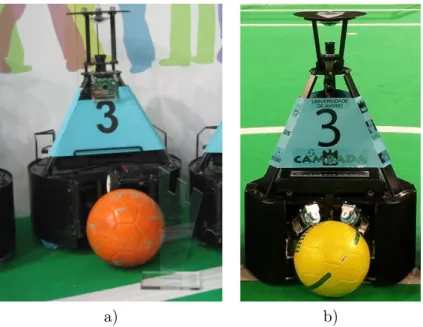 Figure 2.11: The two versions of the CAMBADA robot. In a) the old version, used between 2009 and 2012 and in b) the newest version of the platform, which has been in use since 2013.