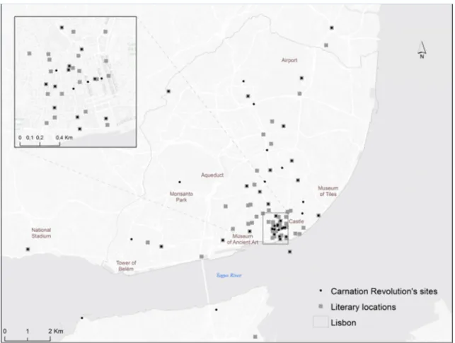 Figure 3 – Literary locations’ frequency per classes. The top ten are marked from A to J (f ≥ 5) 