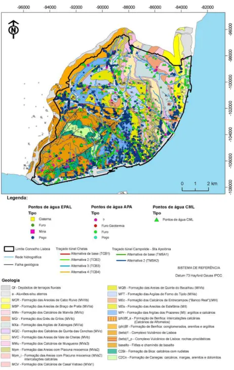 Figura 2 – Localização das captações de água subterrânea na área Metropolitana de Lisboa,  na década de 40 e respectivo enquadramento geológico (Esc
