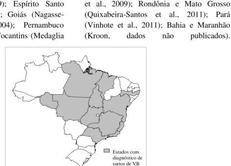 Figura  4  Estados  brasileiros  com  diagnóstico  de  surtos  de  Vaccinia  bovina,  com  acometimento  de  bovinos  e  humanos durante o período de 1999 a 2011