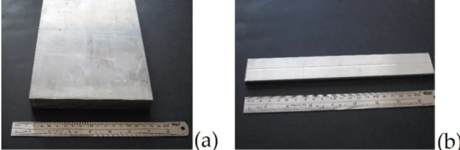Figure 1. Foamable precursor materials made of aluminum alloys and titanium hydride with    160 × 20 mm (a) and 20 mm × 5 mm (b) in cross-section