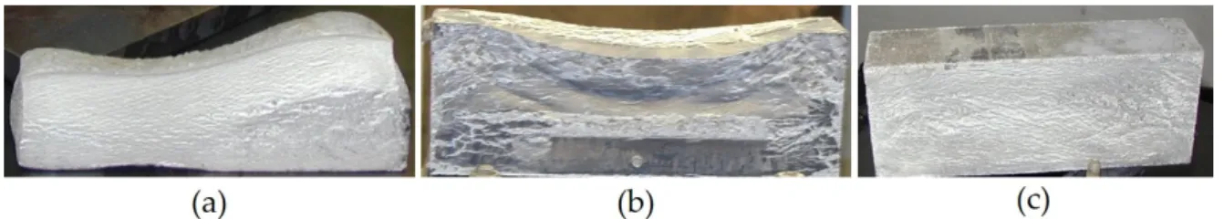Figure 3. Rejected foam parts using a steel mold (200 × 80 × 50 mm 3 ) due to no filling the cavity of the  mold (a) and collapsed foam (b) and foam block with properly adjusted parameters (c)