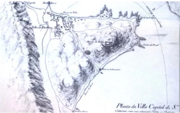 Fig. 7: Plant a da ant iga Vila do Dest erro, de 1774. Font e: Veiga, Eliane V. 2010. Florianópolis: M emória Urbana