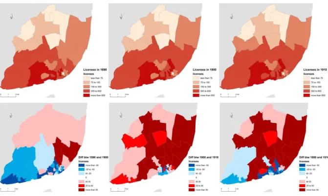 Figure 3. (a) Spatial distribution of licences per parish between 1890 and 1910. (b)  Evolution of licences per parish between 1890 and 1910