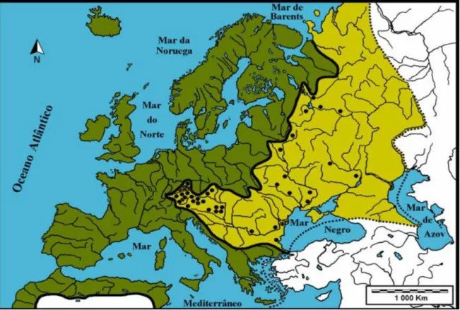 Figura 3 - Distribuição da enguia europeia em território continental (verde); ocorrências raras (amarelo)  Fonte: Domingos (2003)