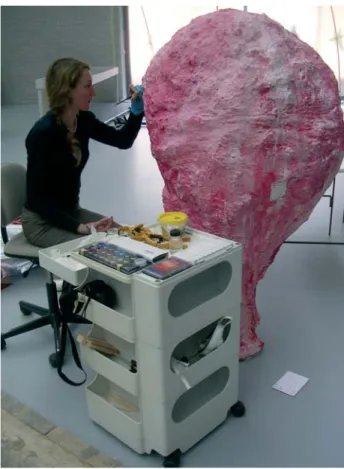 FIG. 1 – Contemporary art conservator Evelyne Snijders at work on Papille, part of the installation Clamp (1995) by Franz West (1947) during the exhibition