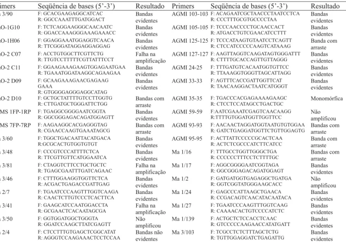 Tabela 4. Primers de microssatélites testados na caracterização das 14 amostras de DNA de bananeira (Musa spp.).